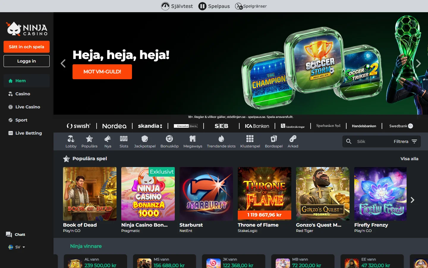 Ninja Casino startsida - casino med snabba uttag via Pay N Play och Trustly