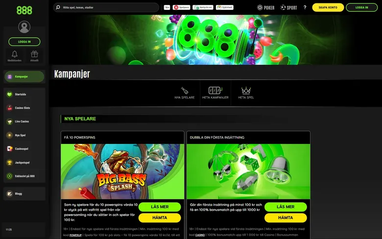 888casino kampanjsida med powerspins och bonusmatch