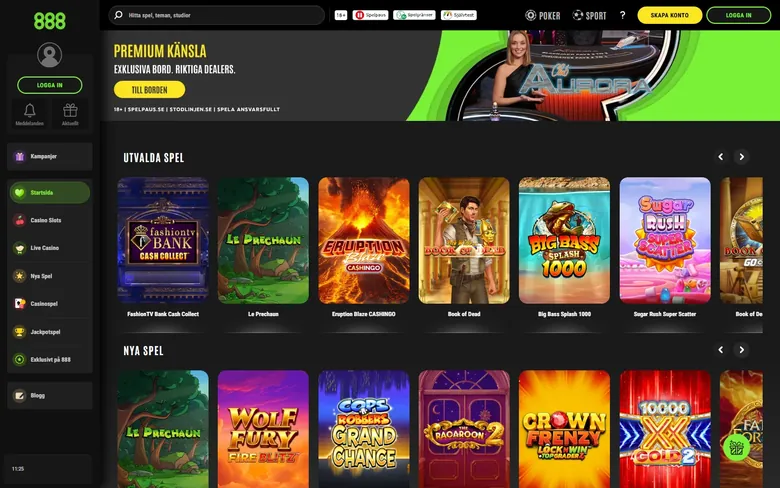 888casino startsida med utvalda spel och jackpottar