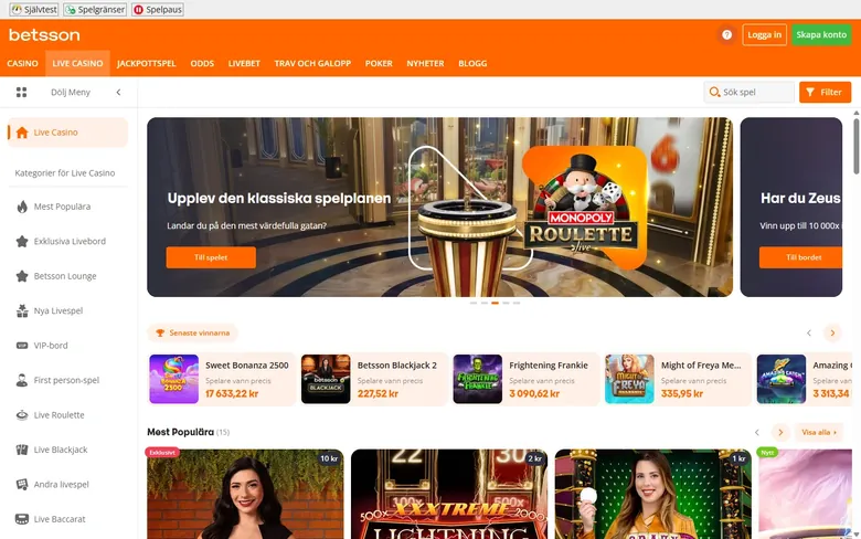 Betssons live casino med bordsspel som roulette och blackjack