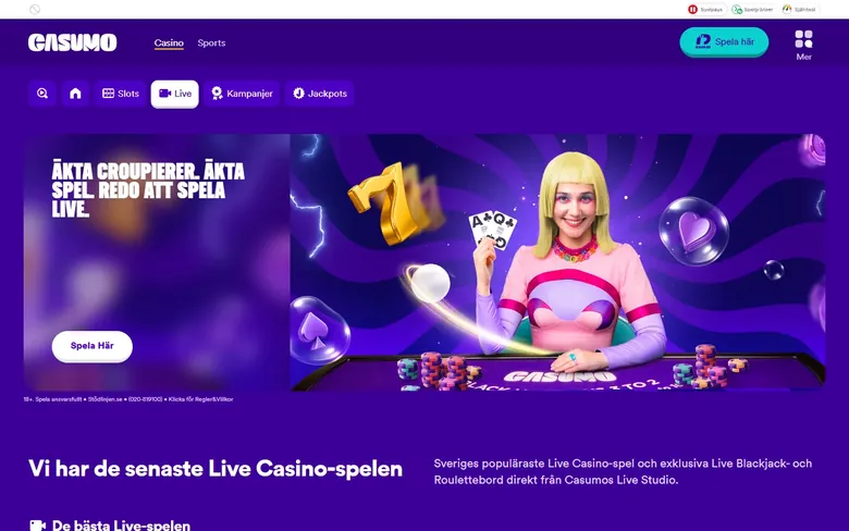 Casumos live casino med bordsspel och svenska spelare