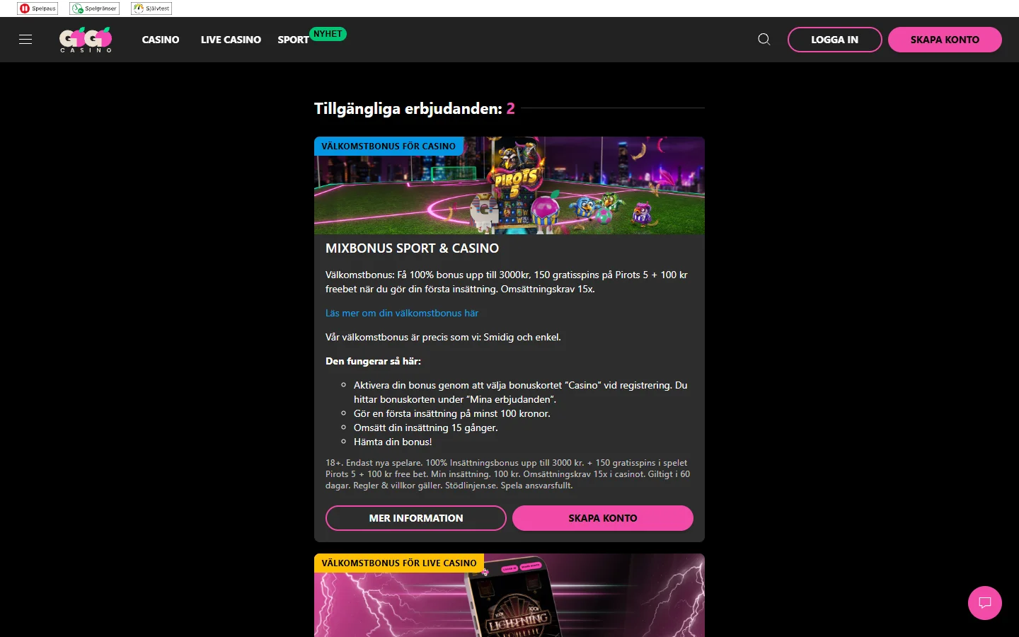 GoGoCasinos kampanjsida - bonus som betalas ut efter omsatt insättning