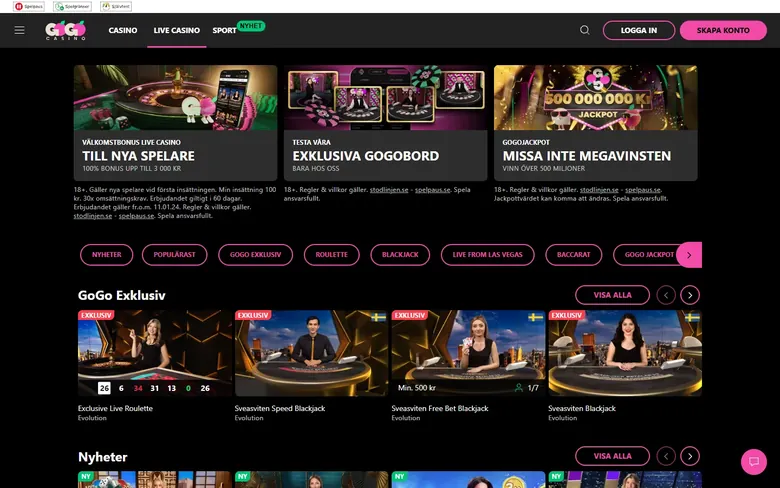 GoGoCasinos live casino med roulette och blackjack
