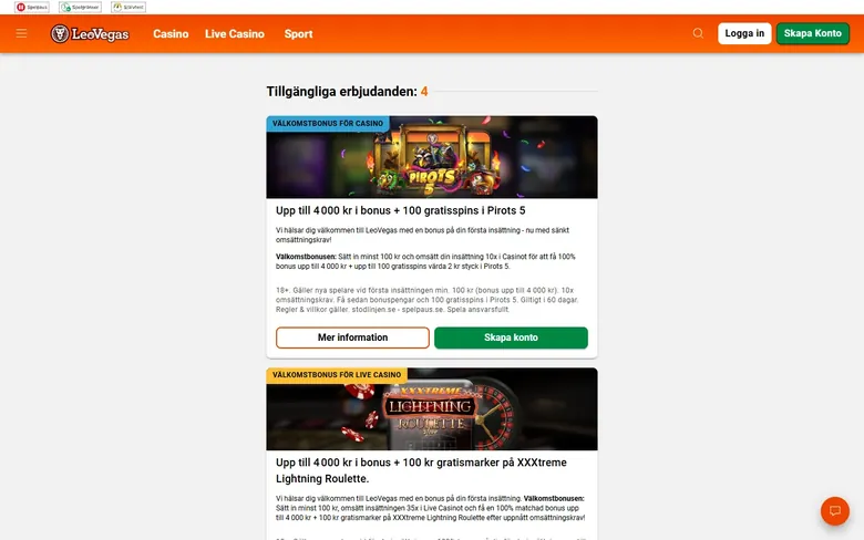 LeoVegas kampanjsida med fyra välkomstbonusar och omsättningskrav