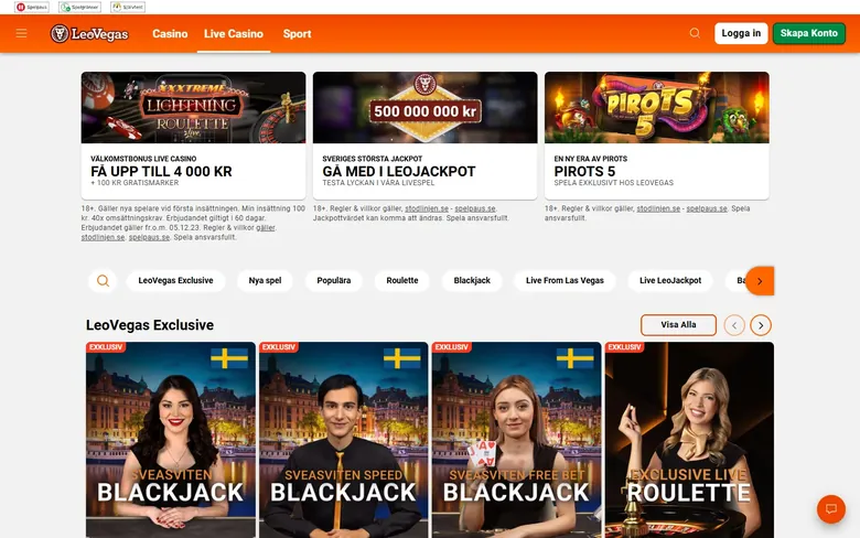 LeoVegas live casino med exklusiva Evolution-studiobord