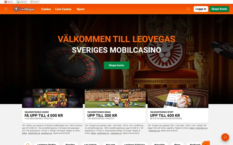 LeoVegas startsida med tre välkomstbonusar och mobilcasino-positionering