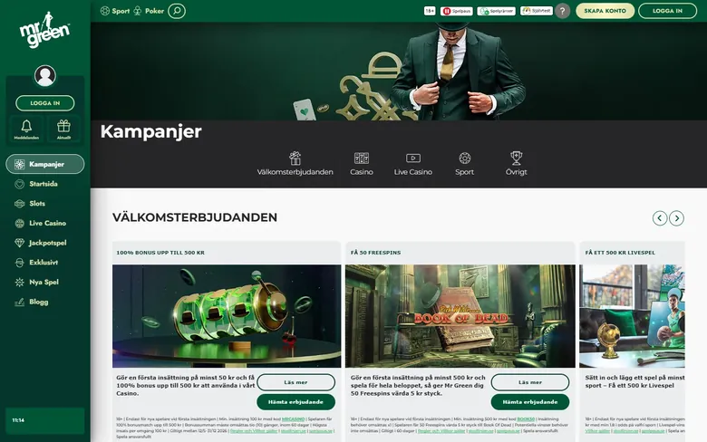Mr Greens kampanjsida med fyra välkomstbonusar och motsägelsen om lägsta insättning