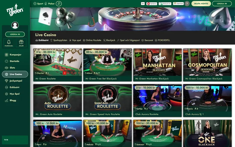 Mr Greens live casino med roulette och blackjack
