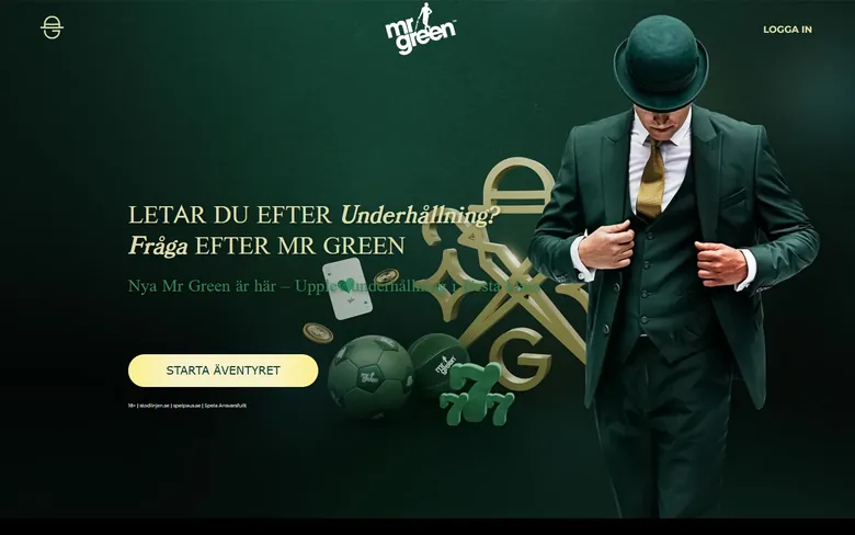 Mr Greens startsida med gentlemannatema och 18 plus-information