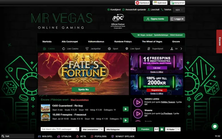 Mr Vegas startsida med 7510 casinospel och PDC-partnerskap