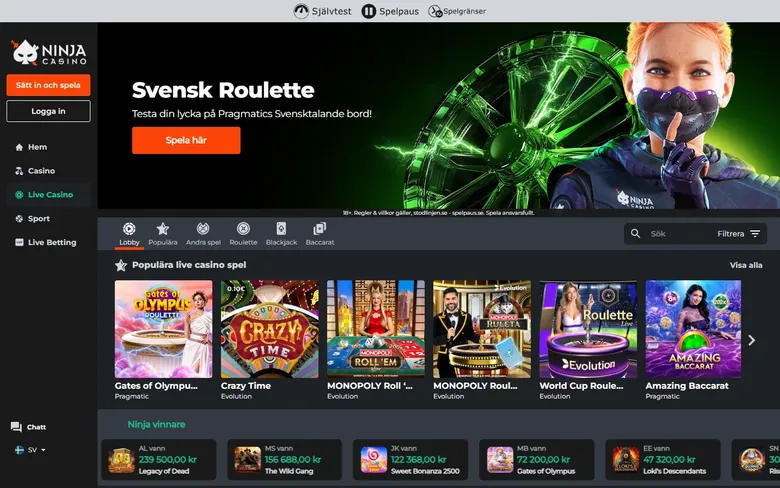 Ninja Casinos live casino med bordsspel