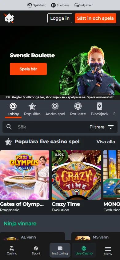 Ninja Casinos live casino i mobilen