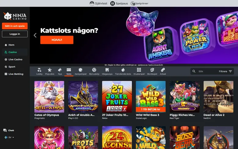 Ninja Casinos slotsbibliotek med populära spel