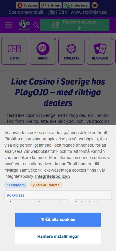 PlayOJO live casino i mobilen