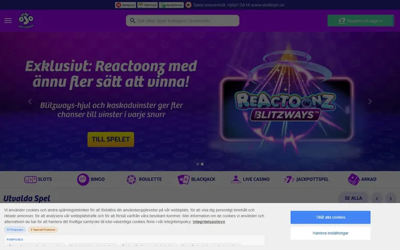 PlayOJO startsida med spelutbud och dagliga jackpottar