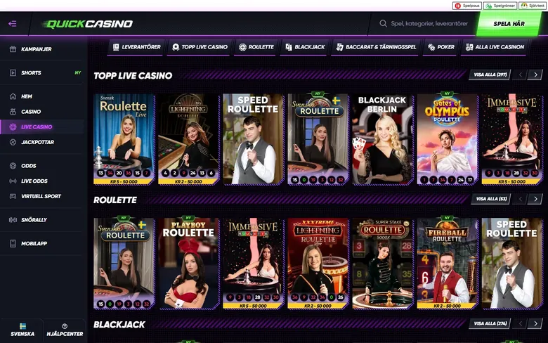 Quick Casinos live casino med Evolution-bord