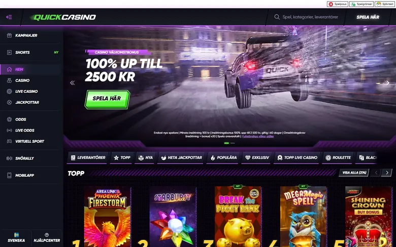 Quick Casinos startsida med välkomstbonus och spelutbud
