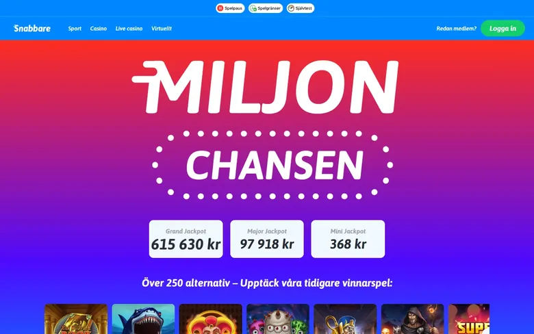 Snabbares MiljonChansen-sida med jackpottnivåer och vinnarlista