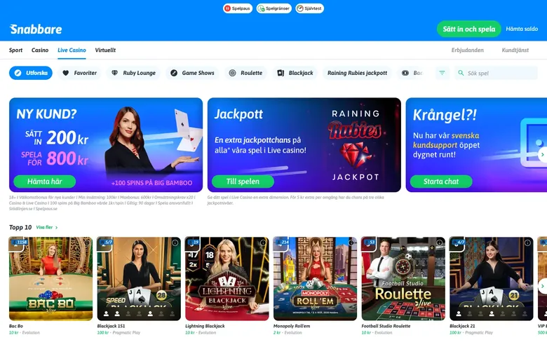 Snabbares live casino med bordsspel