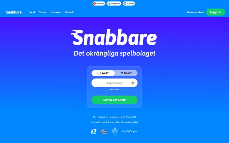 Snabbares startsida med sätt in och spela samt bonusval