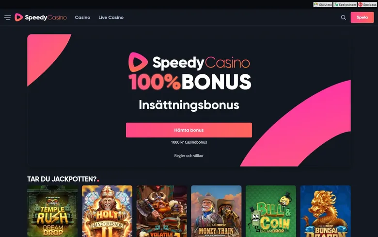 Speedy Casinos startsida med insättningsbonus och nya slots