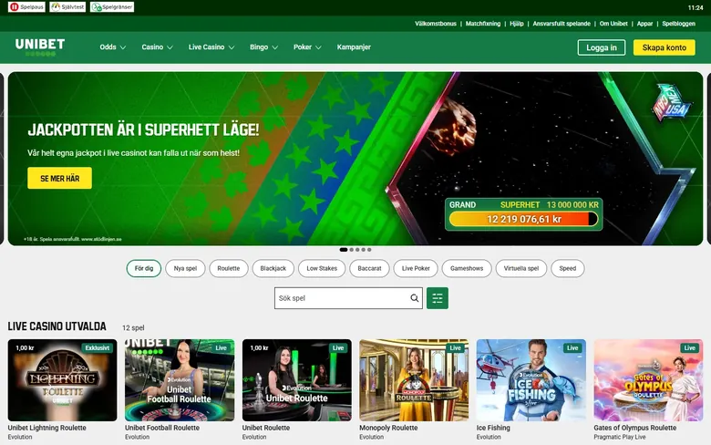 Unibets live casino med bordsspel och jackpottar