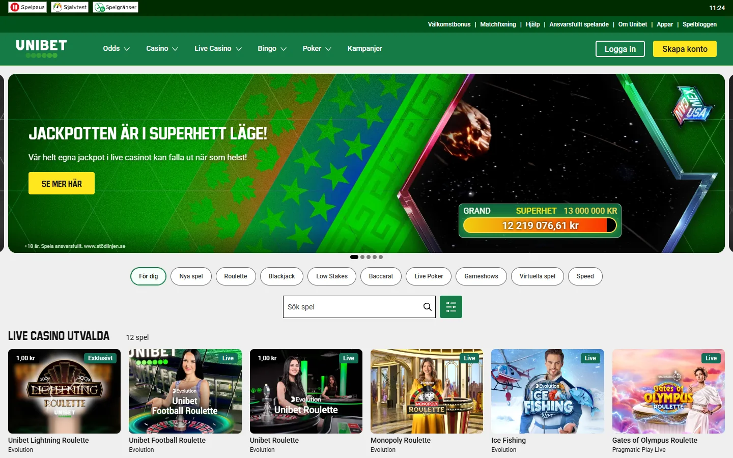 Unibets live casino med bord och dealers vid granskningstillfället