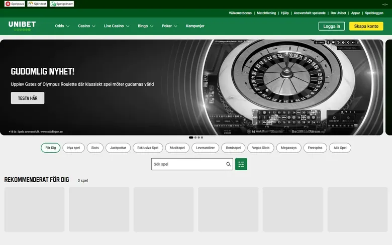 Unibets casinosida med spelutbud och kampanjer